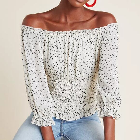 Anthropologie Lucia Off Shoulder Smocked Polka Dot Blouse Romantic Medium - Picture 1 of 15